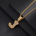 Macro view of gold J-pendant necklace with pave-set zircons and a classic rope chain - Letter J / Rope Chain Necklace / Gold
