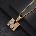 Detail of gold-plated letter M pendant with iced-out cubic zirconia on a rope chain - Letter M / Rope Chain Necklace / Gold