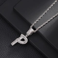 Detailed view of silver letter P pendant with baguette-cut zircons on a rope chain - Letter P