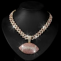 Close-up of hip hop gold Cuban chain necklace with iced out pink and white football pendant - Gold Pink Pendant And Cuban Chain