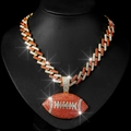 Detail of hip hop Cuban chain with sparkling crystal-encrusted rugby ball pendant - Gold Orange Red Pendant And Cuban Chain