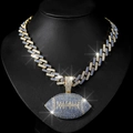 Detail of hip hop Cuban link chain with gold football pendant featuring blue and white rhinestones - Gold Light Blue Pendant And Cuban Chain