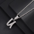Detail of silver W letter pendant necklace with baguette stones on black leather - Letter U