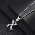 Hip-hop silver tone rope chain necklace with a crystal-encrusted letter X pendant - Letter X