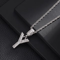 Detail of silver letter Y pendant with baguette and round zircons on rope chain - Letter Y