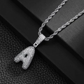 Macro shot of bubble letter A pendant with shimmering cubic zirconia on a rope chain - Letter A (20inch Silver Rope Chain)