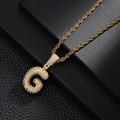 Detail of hip hop bubble letter G pendant with sparkling zircon on gold rope chain - Letter G Style