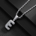 Close-up of hip hop letter E pendant with cubic zirconia micro-pave on silver rope chain - Letter E (20inch Silver Rope Chain)
