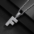 Close-up of hip-hop square letter F pendant with baguette diamonds and rope chain - Letter F