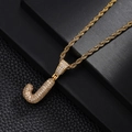 Detail of hip hop style letter J pendant with white zircon stones on gold rope chain - Letter J Style