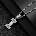 Macro shot of silver hip hop square letter I pendant with sparkling cubic zirconia inlay - Letter I