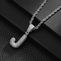 Macro detail of silver letter J pendant with micro-pave zircons on a rope chain - Letter J (20inch Silver Rope Chain)
