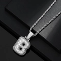 Hip hop silver capital letter B pendant necklace with pavé zircons on rope chain - Letter B / Silver