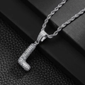 Macro detail of iced-out letter L pendant with zircon stones and rope chain - Letter L (20inch Silver Rope Chain)
