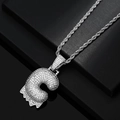 Close-up of iced out silver letter pendant with cubic zirconia on a rope chain - C + Rope Chain (Silver Color)