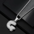 Macro shot of hip hop bubble letter G pendant with cubic zirconia and silver rope chain - Letter G / Silver