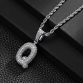 Macro shot of silver bubble letter Q pendant with micro-pave cubic zirconia on rope chain - Letter Q (20inch Silver Rope Chain)