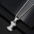 Close-up of hip hop silver letter I pendant with white zircon micro-pave and rope chain - Letter I / Silver