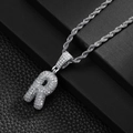 Close-up of hip-hop letter R pendant with cubic zirconia and silver rope chain - Letter R (20inch Silver Rope Chain)