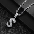 Close-up of iced out silver letter S pendant necklace with zircon and rope chain - Letter S (20inch Silver Rope Chain)