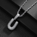 Detailed close-up of a silver letter U pendant with cubic zirconia on a rope chain - Letter U (20inch Silver Rope Chain)