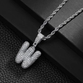 Macro shot of hip hop letter W pendant with sparkling zircon micro-paving and twisted rope chain - Letter W (20inch Silver Rope Chain)