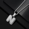 Detailed view of silver bubble letter N pendant with iced out cubic zirconia and rope chain - Letter N / Silver