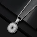 Macro shot of silver hip hop pendant encrusted with white zircon stones on rope chain - Letter O / Silver