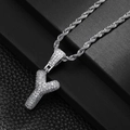Macro shot of silver hip-hop letter Y pendant with micro-pave zircons on twist rope chain - Letter Y (20inch Silver Rope Chain)
