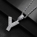 Macro shot of a hip hop Y-letter pendant with baguette-cut and micro-pave zircons - Letter Y