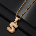 Detail of Iced Out bubble letter S pendant with white zircon on golden twist chain - Letter S / Gold