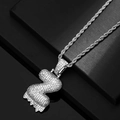 Dettaglio del ciondolo lettera Z a bolla argento hip hop con zirconi su catena a corda - Z + Catena a Corda (Colore Argento)