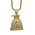 Detail van gouden geldzak hanger met zirkonia dollarteken op een gedraaide ketting - Hanger Met Twist Ketting / Goud