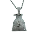 Iced out dollarteken geldzak hanger met zirkonia aan een gedraaide touw ketting - Hanger Met Twist Ketting / Zilver