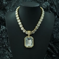 Golden Cuban chain necklace featuring a large square transparent gemstone pendant with pavé zircons - Gold