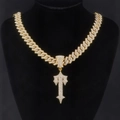 Macro view of gold-plated Cuban chain with iced-out T-shaped pendant on velvet - 50cm-20inch+Pendant / Gold