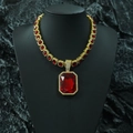 Hip hop style golden necklace featuring large rectangular red gemstone and CZ accents - Gold