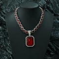 Cuban chain necklace with red gemstone pendant and sparkling rhinestones in silver finish - Red Gemstone Pendant With Cuban Chain / Silver