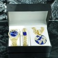 Set hip-hop di lusso con orologio dorato, quadrante blu, bracciale e ciondolo terra - Oro Con Scatola Regalo