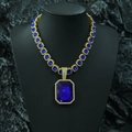 Golden Cuban chain necklace with deep blue rectangular gemstones and iced out crystal accents - Gold