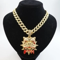 Detailed view of hip hop bulldog pendant with crystal pave on classic gold Cuban chain - Gold Pendant With Cuban Chain
