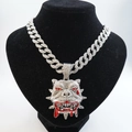 Detail of hip hop bulldog pendant with sparkling rhinestones and red blood dripping accent - Silver Pendant With Cuban Chain