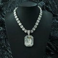 Iced out silver alloy Cuban chain with a large emerald-cut clear crystal pendant - Clear Zirconia Pendant With Cuban Chain / Silver