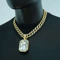 Close-up of gold cuban link necklace with hip hop iced out rectangular pendant detail - Pave Cuban Link / Gold White Artificial Gemstone With Necklace