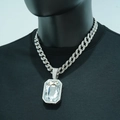 Hip hop silver Cuban chain necklace with a large square emerald-cut crystal pendant - Pave Cuban Link / Silver White Artificial Gemstone With Necklace