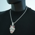 Hip Hop Silberne Kordelkette mit Iced-Out Prajna Maske Anhänger für trendige Herren Mode - Seilkette Halskette / Silber
