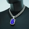 Hip-hop silver Cuban chain necklace featuring a large rectangular purple gemstone pendant - Pave Cuban Link / Silver Blue Artificial Gemstone With Necklace