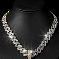 Hip-hop gold cuban link necklace with blue and white rhinestones and a box clasp - Gold And Light Blue Necklace