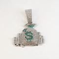 Iced out silver and green rhinestone money bag pendant with dollar sign hip hop charm - 45cm / Silver Pendant Only (Without Chain)