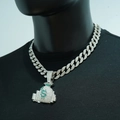 Iced out silver money bag pendant with green dollar sign on heavy cuban link chain - 45cm / Silver Pendant With Cuban Chain
